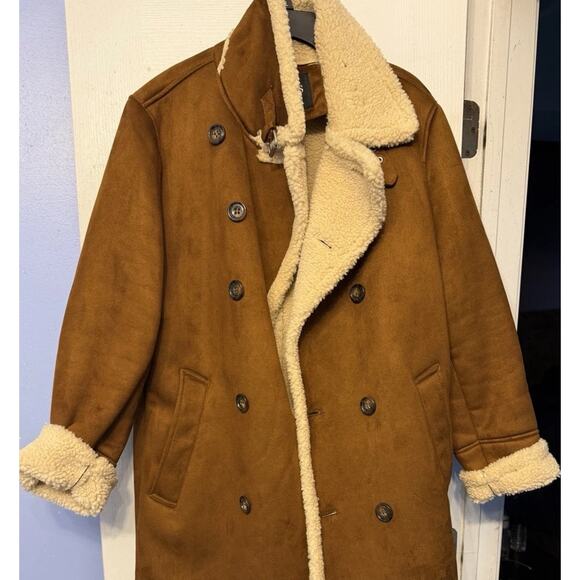 GUESS Mens Double Breasted Faux Shearling Overcoat Brown Medium - Picture 3 of 11